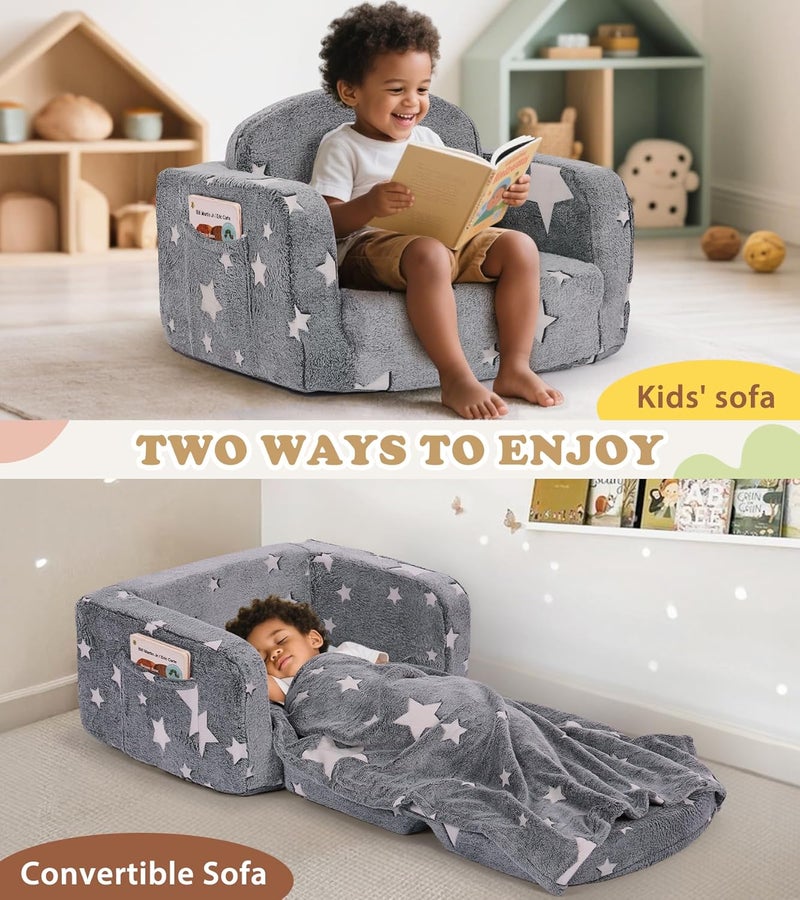 Foryoomi Kids Couch, 2-in-1 Soft Toddler Couch Fold Out with with Blanket and Cloud Pillow, Glow in The Dark, Toddler Chair Comfy, Convertible Sofa, Gifts for Kids Girl Boys, Medium Grey Star - Image 5